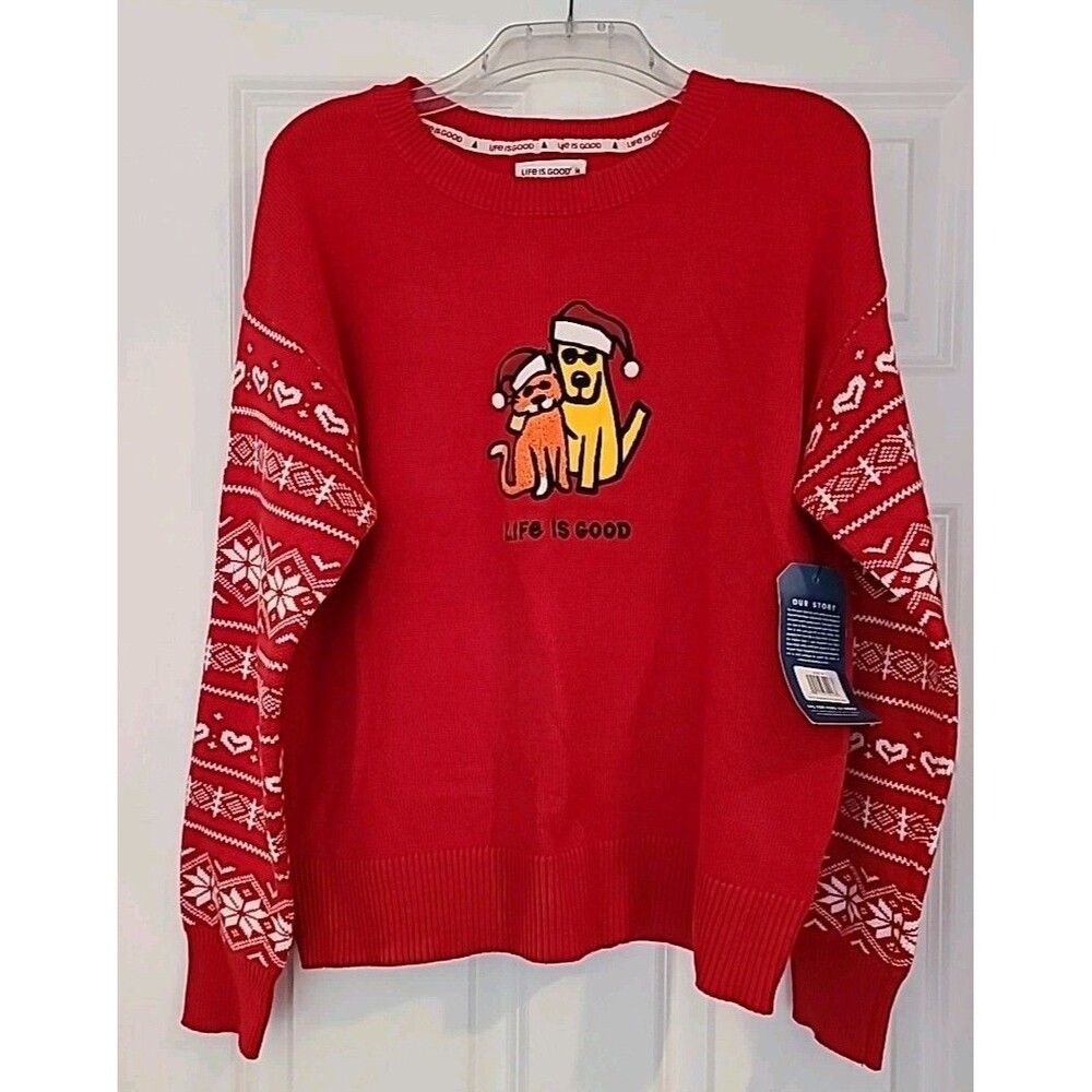 NWT LIFE IS GOOD RED WHITE UGLY CHRISTMAS SWEATER  SANTA HAT ROCKET DOG & CAT M